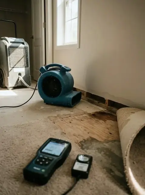 Moisture meter and air mover checking a wet floor in Alhambra