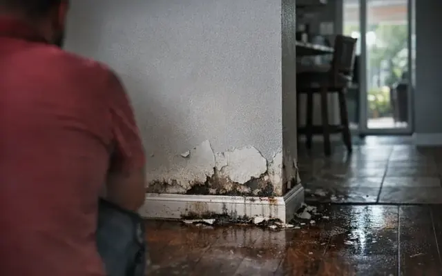 Wall base and baseboard damaged by water in an Alhambra home
