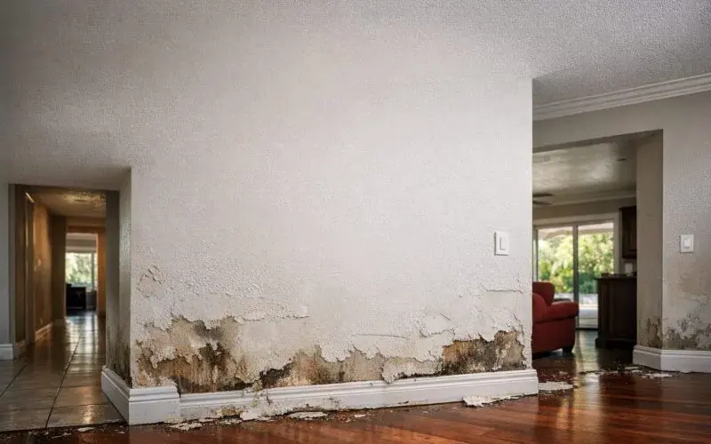 Wall and baseboard damaged by a leak inside an Alhambra apartment unit