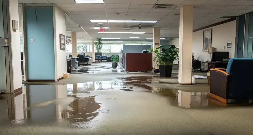 Standing water across the carpet of an office floor after a leak