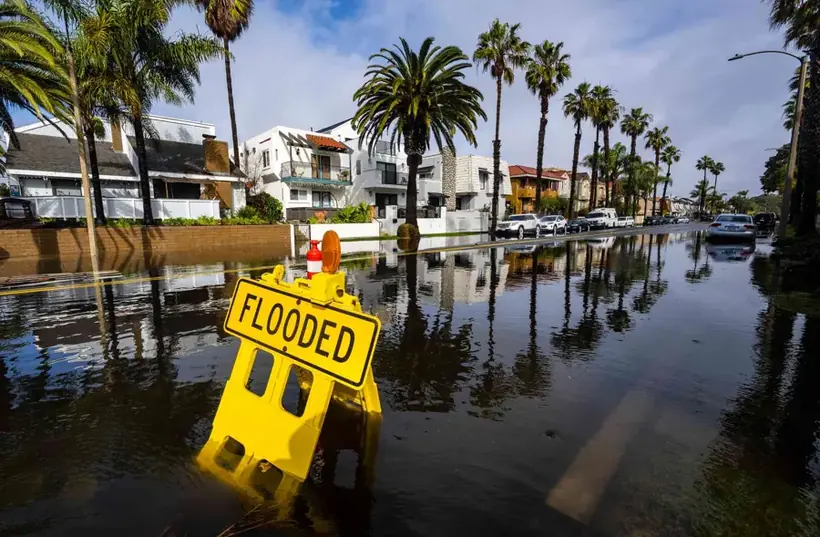 Palm-lined Southern California street flooded after a winter storm