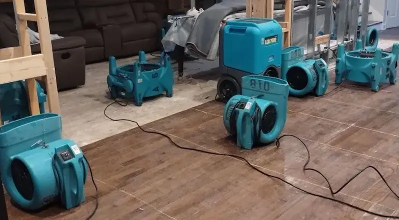 Air movers and an LGR dehumidifier drying a room in Alhambra