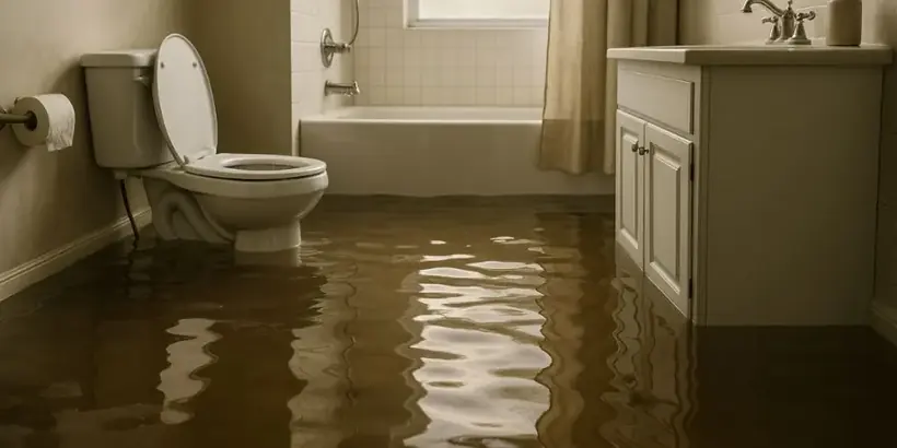 Bathroom floor under standing water after a toilet overflow in Alhambra