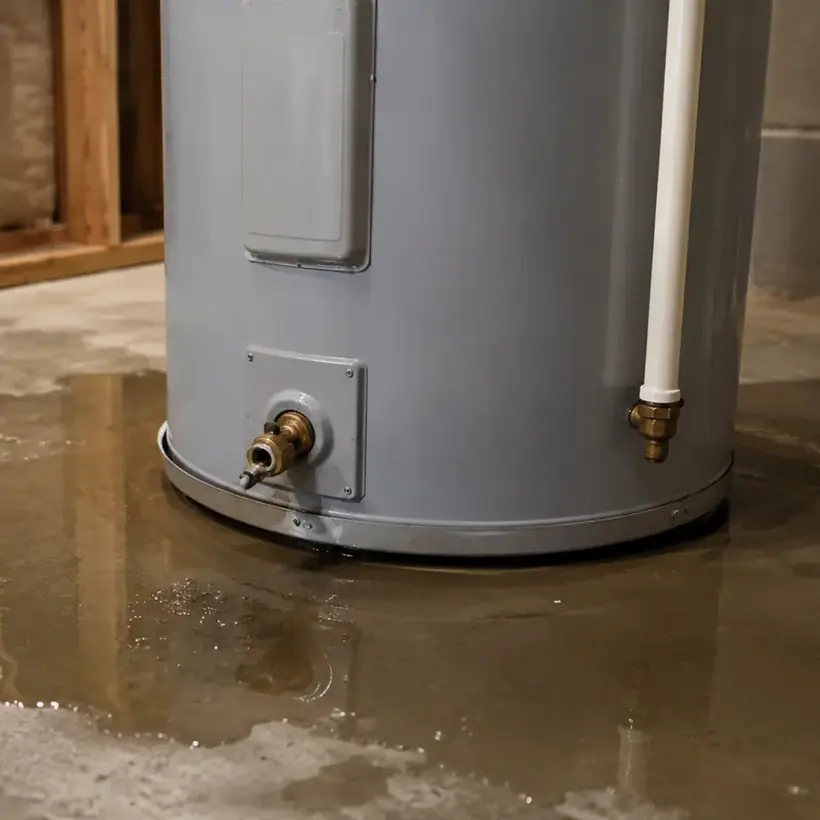 Water pooling around the base of a leaking water heater in Alhambra
